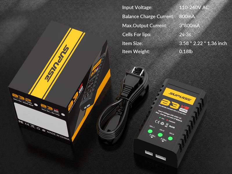 Chargeur de batterie SUPULSE LiPo Chargeur d'équilibre RC AC 7.4-11.1V 2S-3S 10W Version de mise à niveau B3AC Pro Chargeur compact Chargeur Lipo (B3V2)