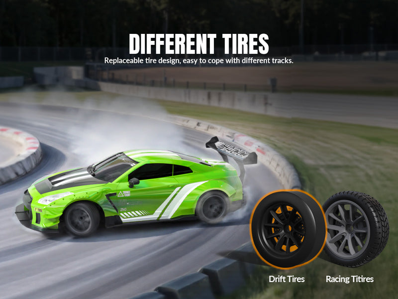 Race 1:20 RC Drift Car 4wd, lumière LED, 2 batteries, double moteur vert