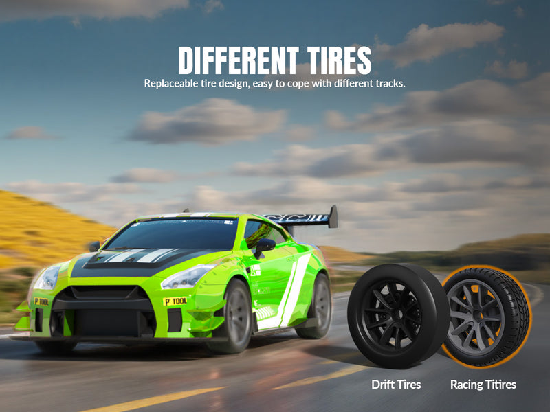 Race 1:20 RC Drift Car 4wd, lumière LED, 2 batteries, double moteur vert