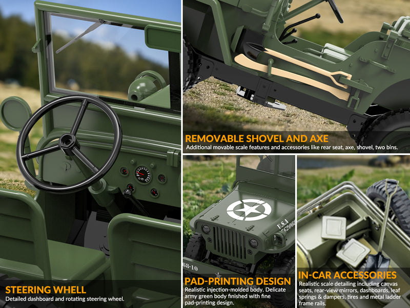 RACENT RC Crawler Simulation à l'échelle 1:10 d'une voiture tout-terrain polyvalente 2.4G 1941 Mb Scaler Willys Jeep