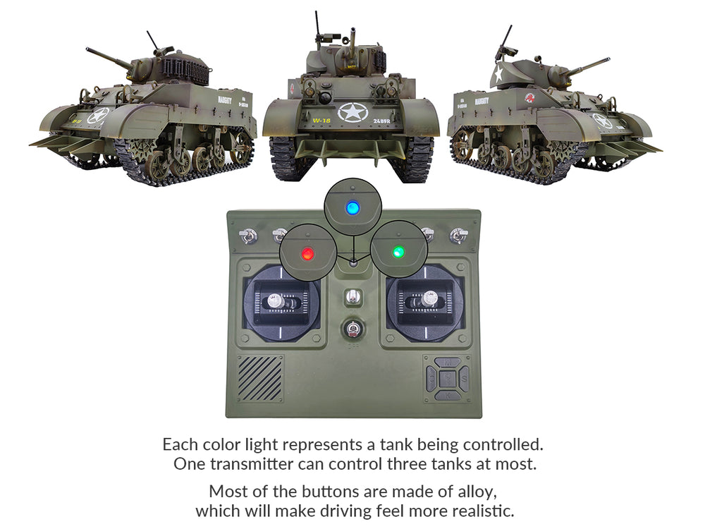 RACENT 1:16 RC Tank US M5A1 Stuart, with Smoke, Barrel Lifting, Turret Rotation 360 Degrees, NO-Shooting