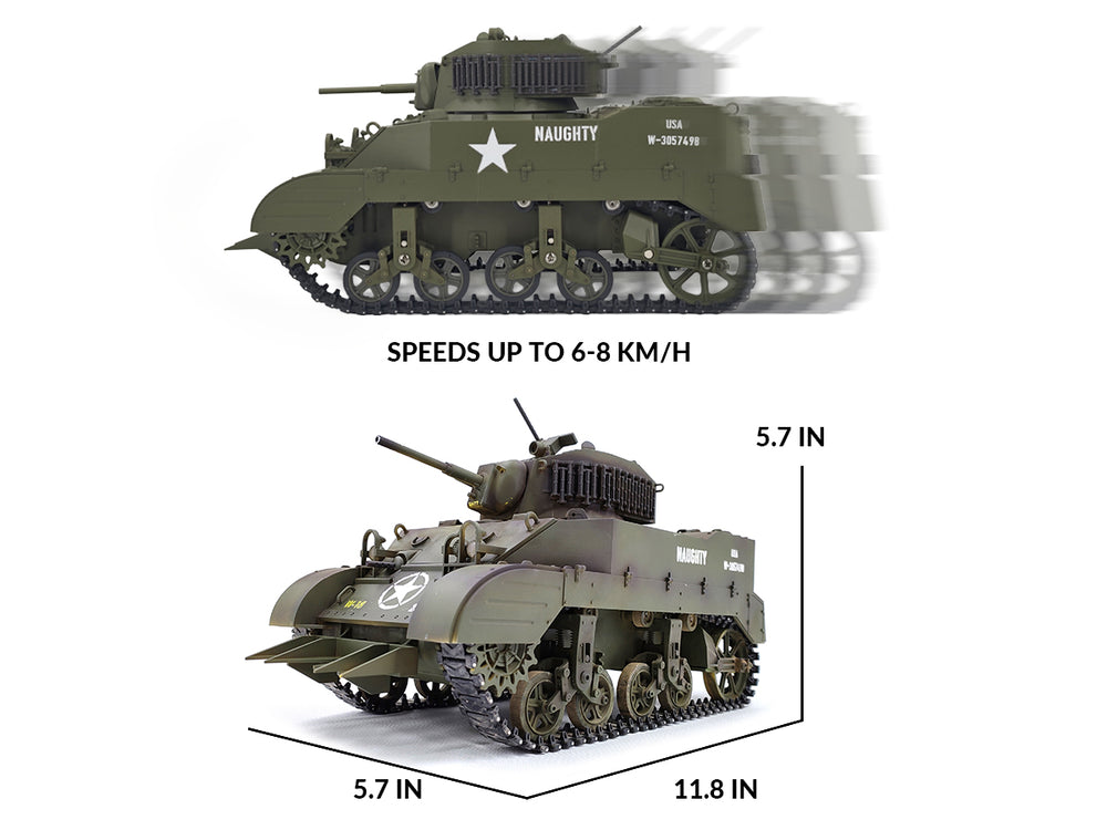 RACENT 1:16 RC Tank US M5A1 Stuart, with Smoke, Barrel Lifting, Turret Rotation 360 Degrees, NO-Shooting