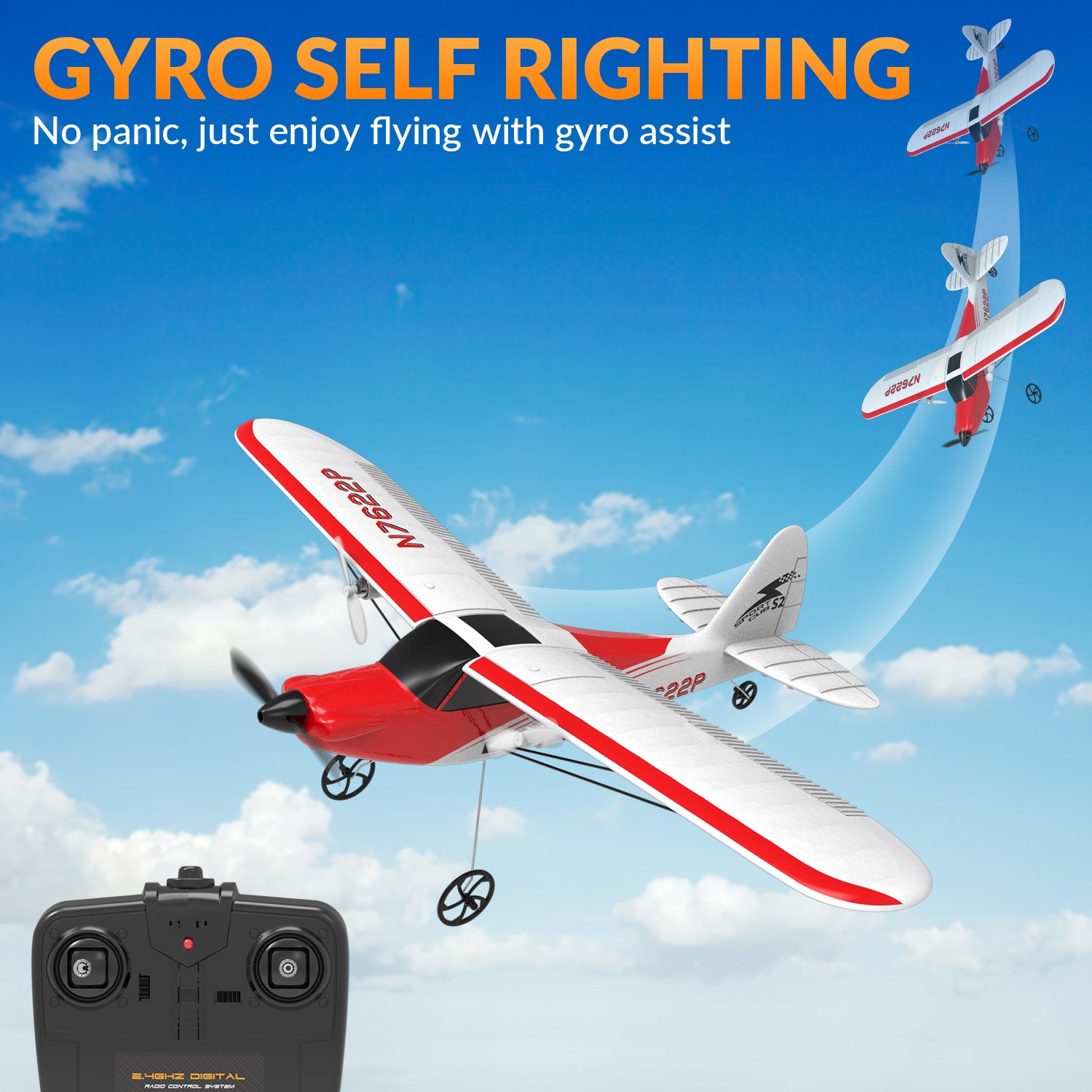 VOLANTEXRC Sport Cub S2 RC Plane with Gyro Stabilization System Ready to Fly for Beginners 2-CH Remote Control Airplane RTF (762-2) - EXHOBBY