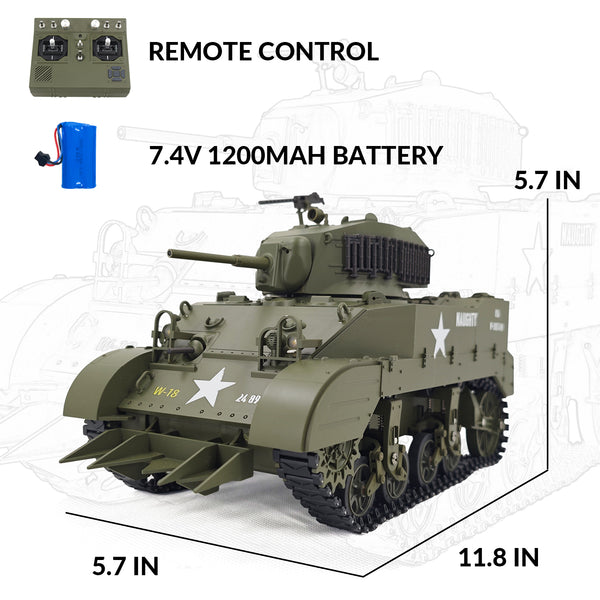 RACENT 1:16 RC Tank US M5A1 Stuart, with Smoke, Barrel Lifting, Turret Rotation 360 Degrees, NO-Shooting