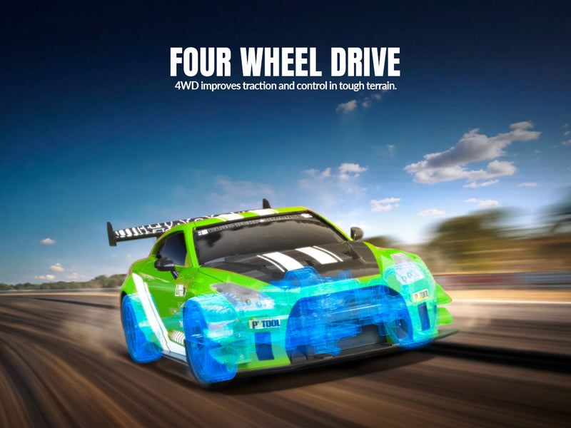 Race 1:20 RC Drift Car 4wd, lumière LED, 2 batteries, double moteur vert