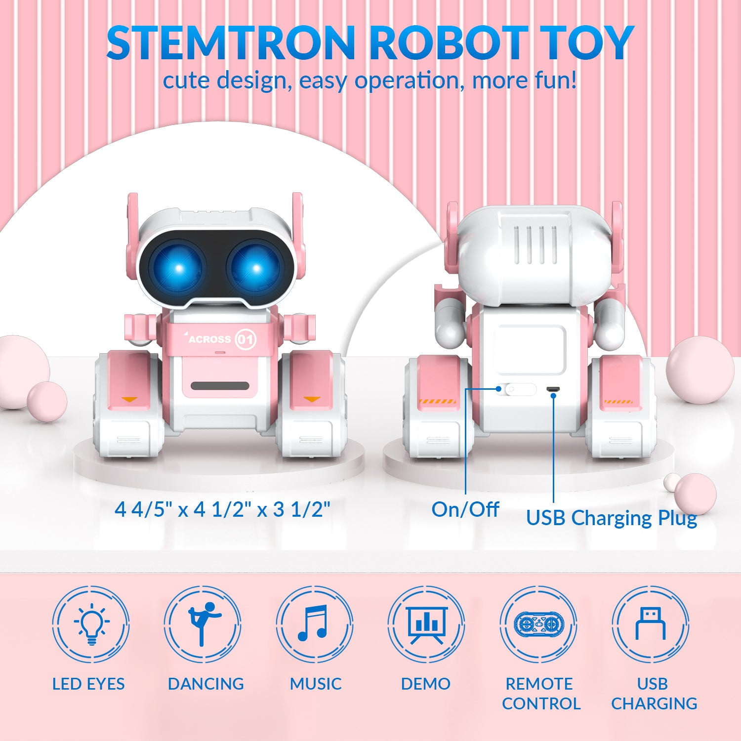 STEMTRON Rechargeable RC Robot Toys with Auto Demo, Dance Moves, Music for Kids (Pink)-EXHOBBY LIMITED.