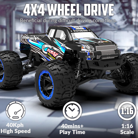 Racent Remote Control Car 4WD Off-Road RC Monster Truck 1:16 Scale 30MPH High Speed All Terrain RC Vehicle for Kids or Adults (785-5) (Blue).