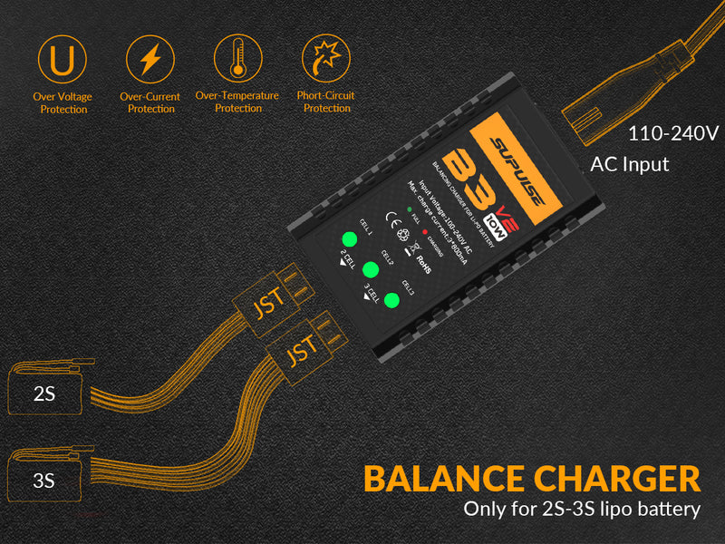 Chargeur de batterie SUPULSE LiPo Chargeur d'équilibre RC AC 7.4-11.1V 2S-3S 10W Version de mise à niveau B3AC Pro Chargeur compact Chargeur Lipo (B3V2)