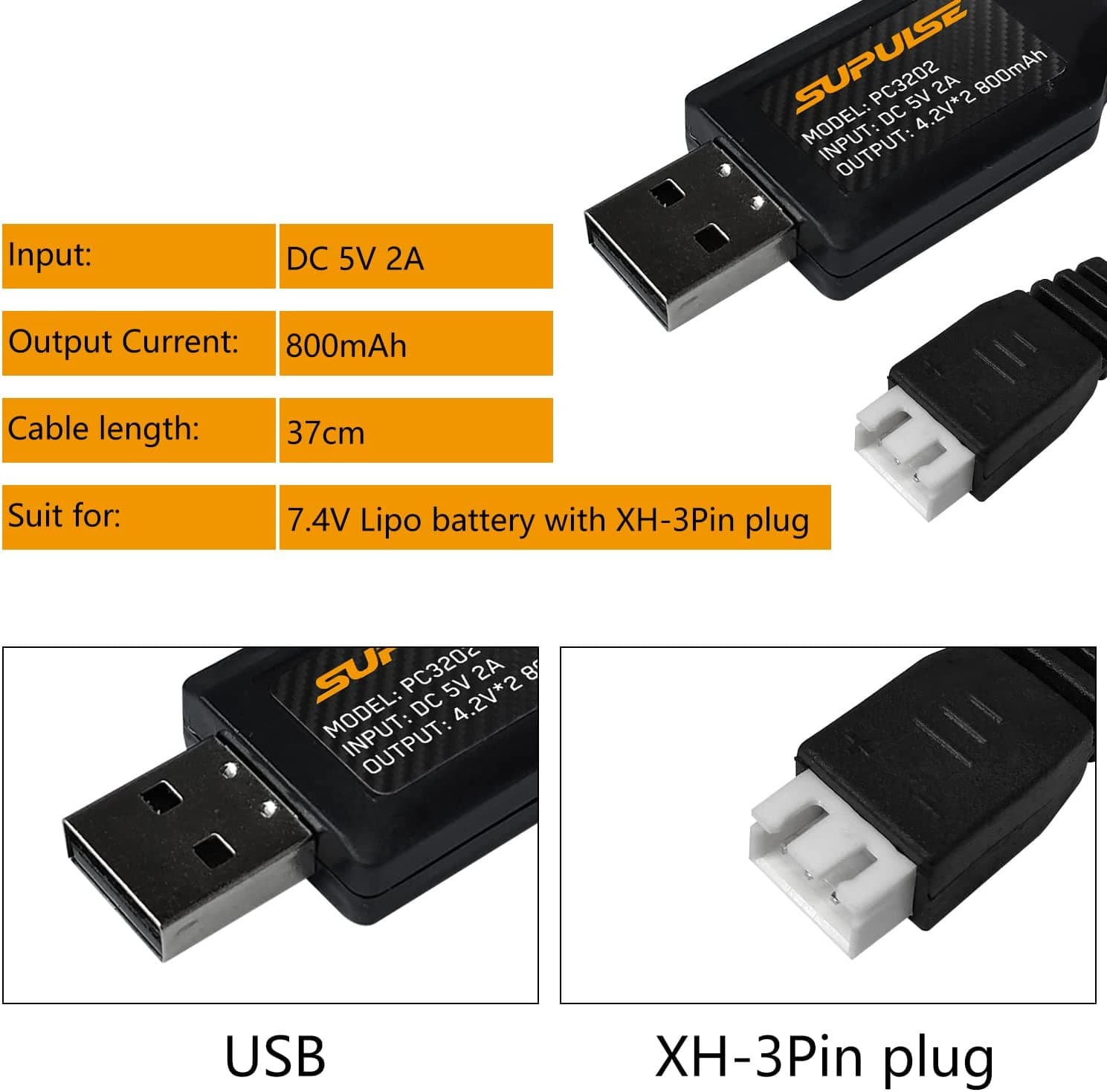 SUPULSE 2pcs USB Charger Cable 2A for 2S 7.4V LiPo Battery with XH-3Pin Plug for RC Boat RC Truck RC Plane-EXHOBBY LIMITED.