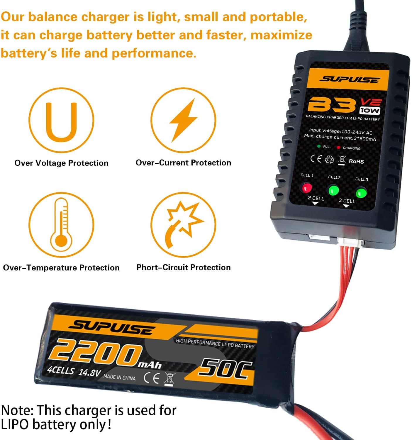 SUPULSE LiPo Battery Charger RC Balance Charger AC 7.4-11.1V 2S-3S 10W Upgrade Version B3AC Pro Compact Charger Lipo Charger (B3V2) - EXHOBBY