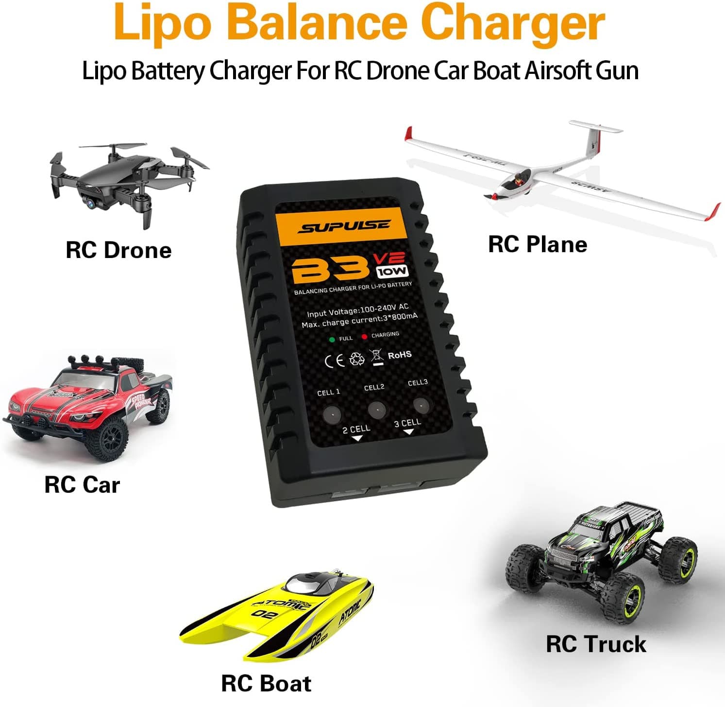SUPULSE LiPo Battery Charger RC Balance Charger AC 7.4-11.1V 2S-3S 10W Upgrade Version B3AC Pro Compact Charger Lipo Charger (B3V2) - EXHOBBY