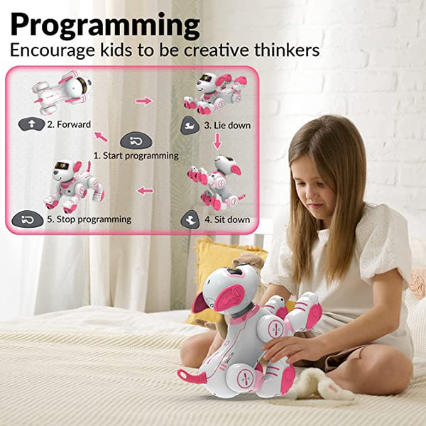 STEMTRON Programmable Interactive & Smart Dancing Remote Control Robot Dog Toy for Kids（Pink）.