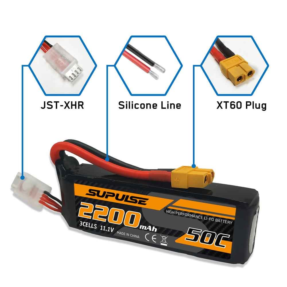SUPULSE 2pcs 11.1V 3S 2200mAh 50C Lipo Battery with XT60 Plug - EXHOBBY